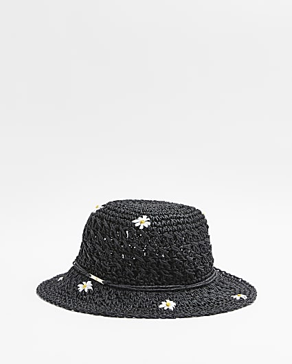 Girls black embroidered straw bucket Hat