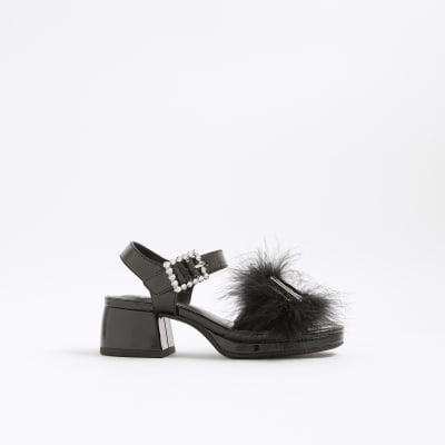 Girls Black Faux Feather Bow Heeled Sandals