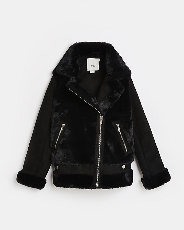 Girls black faux fur aviator coat