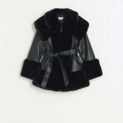 Girls Black Faux Fur Belted Coat River Island