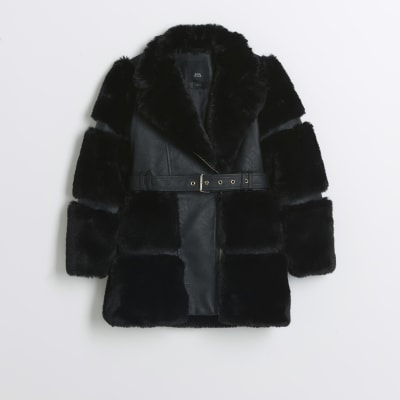 River Island Girls Black Faux Fur Biker Jacket