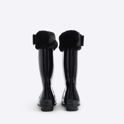 Girls Black Faux Fur Bow Wellies River Island