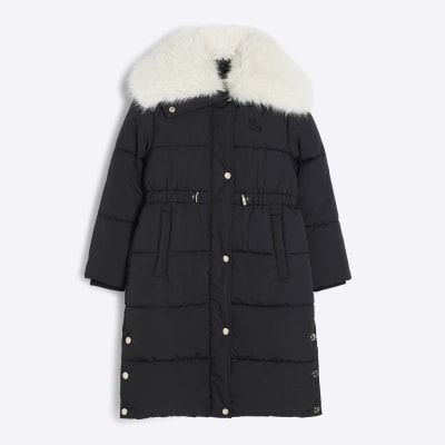 Girls Black Faux Fur Collar Padded Jacket