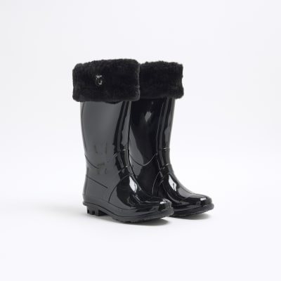 Girls Black Faux Fur Cuff Wellies