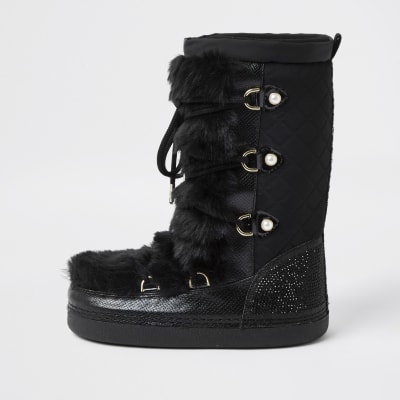 Girls black faux fur diamante snow boot | River Island