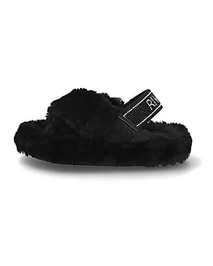 360 degree animation of product Girls black faux fur diamante trim slippers frame-3