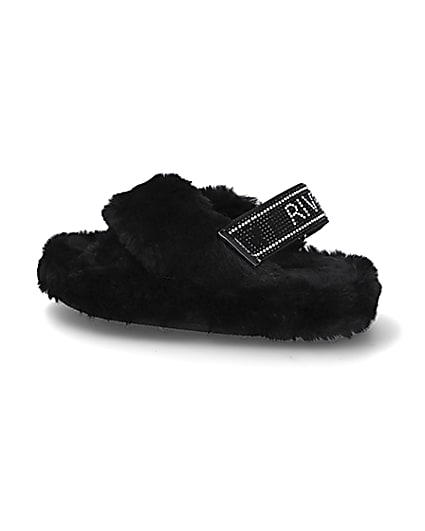 360 degree animation of product Girls black faux fur diamante trim slippers frame-4