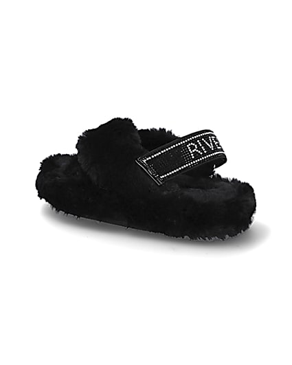 360 degree animation of product Girls black faux fur diamante trim slippers frame-5