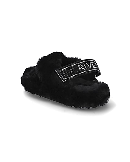 360 degree animation of product Girls black faux fur diamante trim slippers frame-6