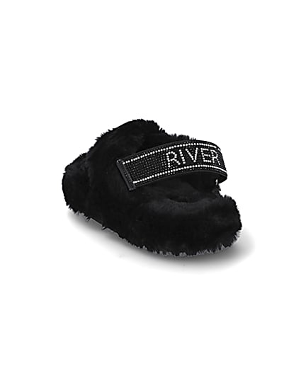 360 degree animation of product Girls black faux fur diamante trim slippers frame-7