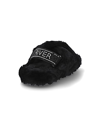 360 degree animation of product Girls black faux fur diamante trim slippers frame-11