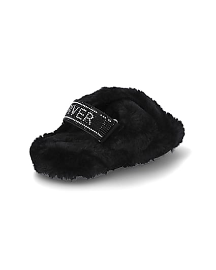 360 degree animation of product Girls black faux fur diamante trim slippers frame-12