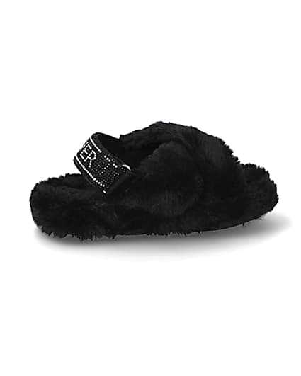 360 degree animation of product Girls black faux fur diamante trim slippers frame-14