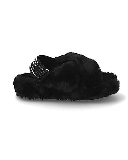 360 degree animation of product Girls black faux fur diamante trim slippers frame-15
