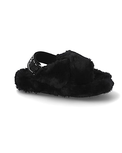 360 degree animation of product Girls black faux fur diamante trim slippers frame-16