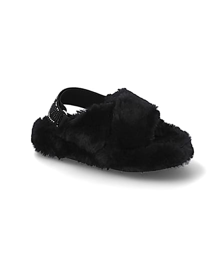 360 degree animation of product Girls black faux fur diamante trim slippers frame-17