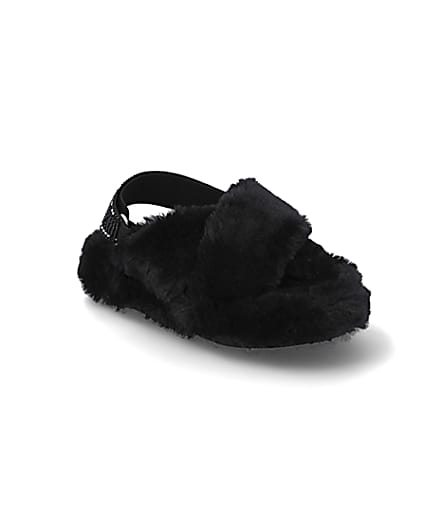 360 degree animation of product Girls black faux fur diamante trim slippers frame-18