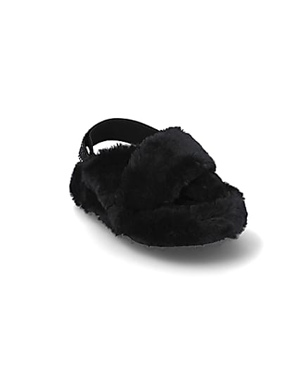 360 degree animation of product Girls black faux fur diamante trim slippers frame-19