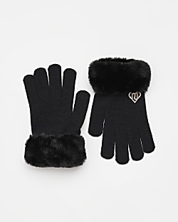 girls Black faux fur Heart Gloves