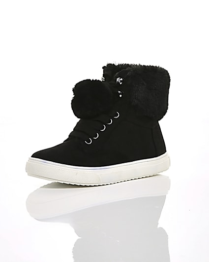 360 degree animation of product Girls black faux fur high top trainers frame-0