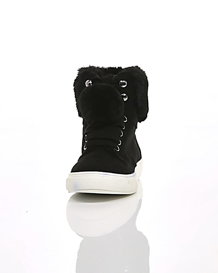 360 degree animation of product Girls black faux fur high top trainers frame-3