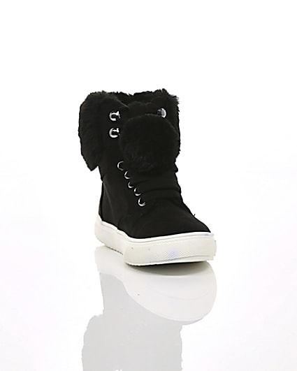 360 degree animation of product Girls black faux fur high top trainers frame-5