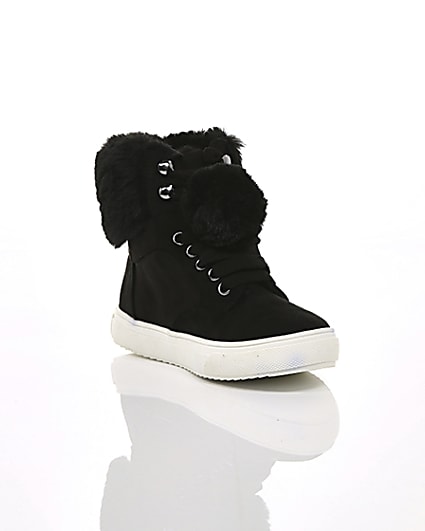 360 degree animation of product Girls black faux fur high top trainers frame-6