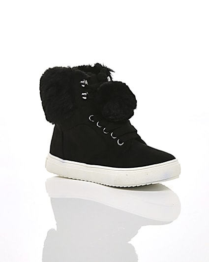 360 degree animation of product Girls black faux fur high top trainers frame-7
