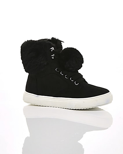 360 degree animation of product Girls black faux fur high top trainers frame-8