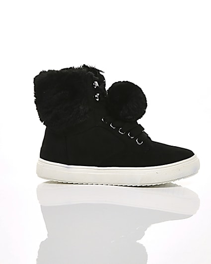 360 degree animation of product Girls black faux fur high top trainers frame-9