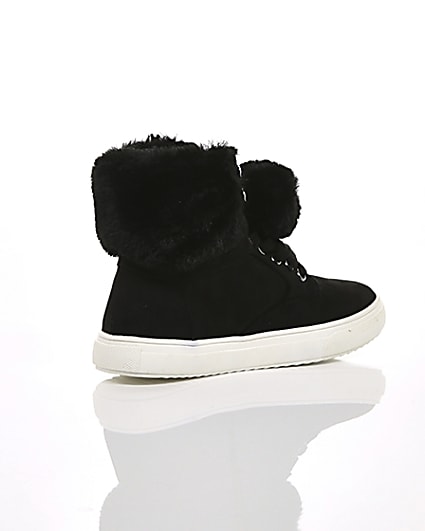 360 degree animation of product Girls black faux fur high top trainers frame-12