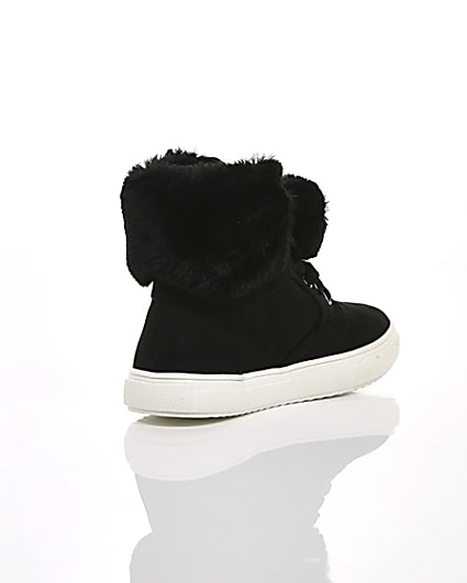 360 degree animation of product Girls black faux fur high top trainers frame-13