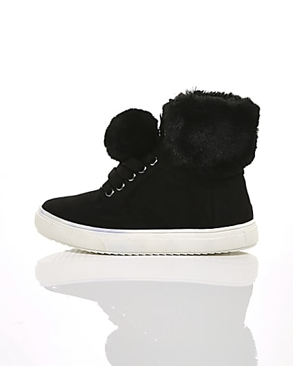 360 degree animation of product Girls black faux fur high top trainers frame-21
