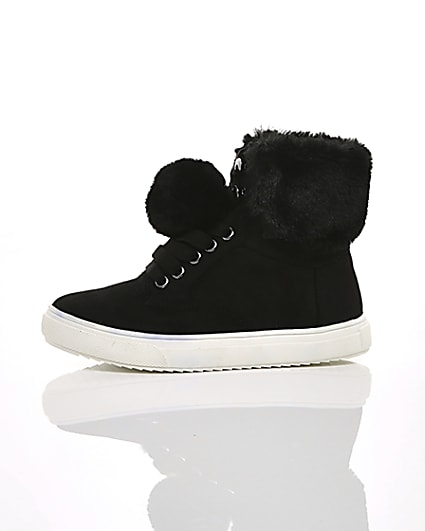 360 degree animation of product Girls black faux fur high top trainers frame-22