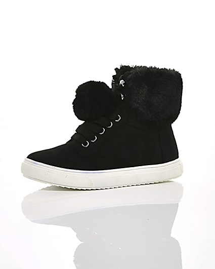 360 degree animation of product Girls black faux fur high top trainers frame-23