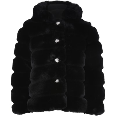 Girls black faux fur hood coat | River Island