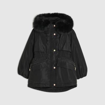 Girls Black Faux Fur Hood Parka Coat
