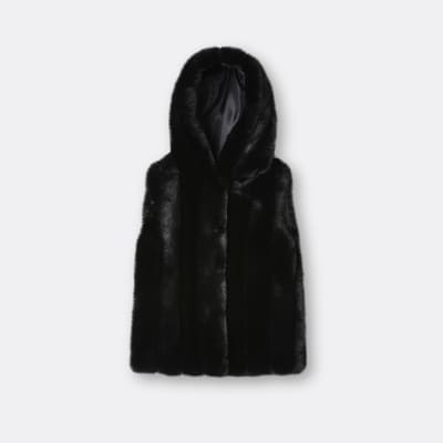 black hooded faux fur gilet