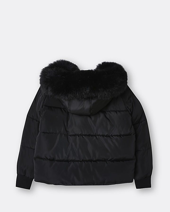 Girls black faux fur hooded puffer coat