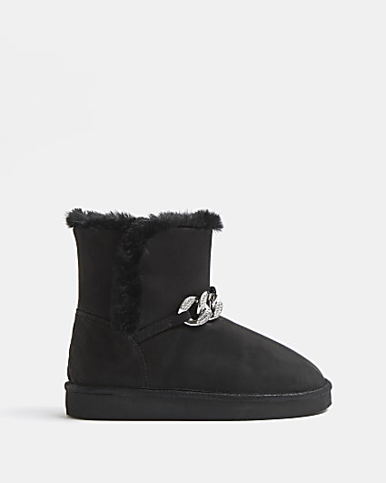 Girls black faux fur lined chain boots