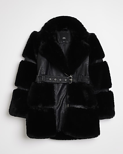 Girls Black Faux Fur Panel Coat