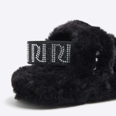 Girls Black Faux Fur Pearl Diamante Slippers River Island