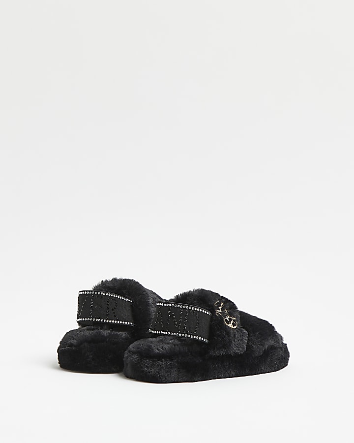 Girls black faux fur RI diamante slippers