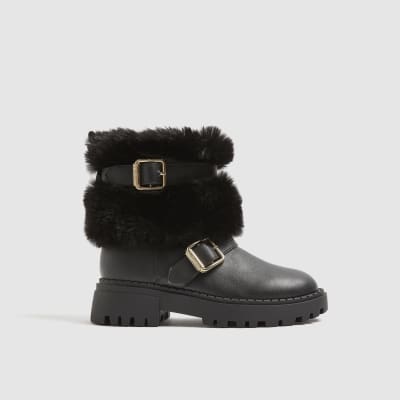 Girls Black Faux Fur Strap Boots