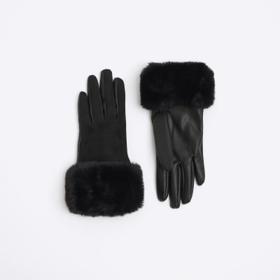 black faux fur gloves