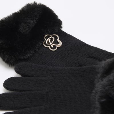 Girls black faux fur trim gloves River Island