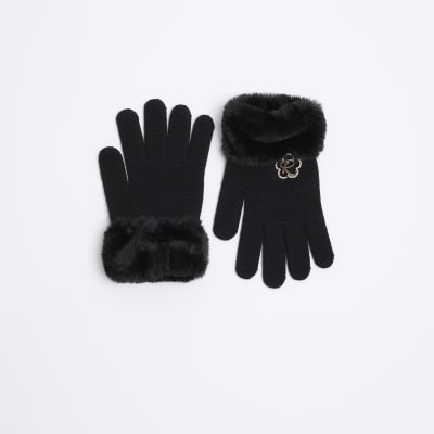Girls black faux fur trim gloves River Island