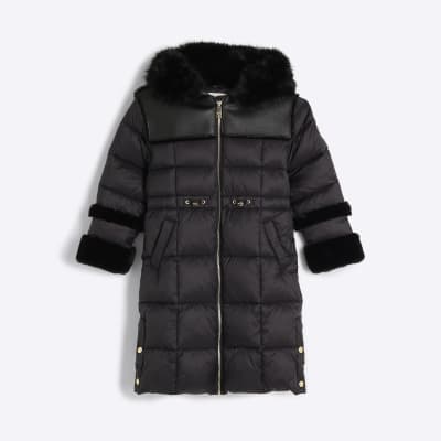 River island black high shine padded faux fur trim jacket sales