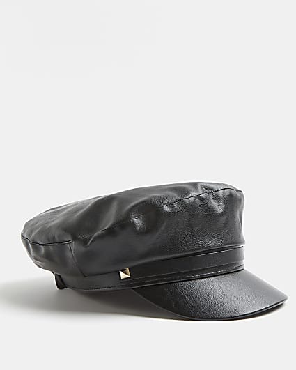 Girls black faux leather baker boy hat