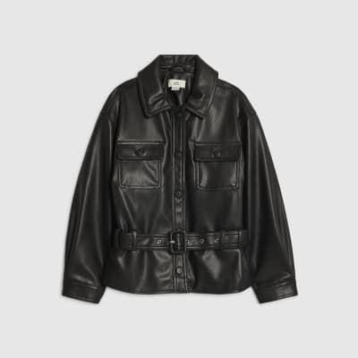 Girls Black Faux Leather Belted Jacket
